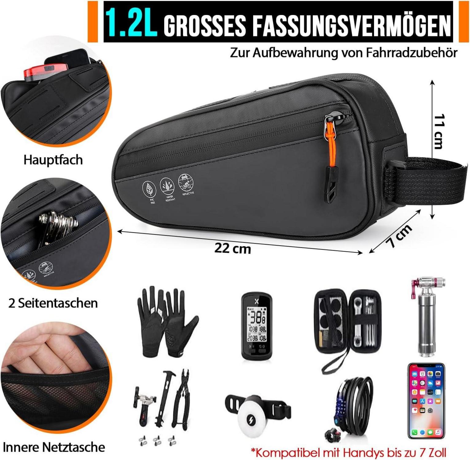 Eyein Fahrrad Rahmentasche wasserdicht 1.2L reflektierend
