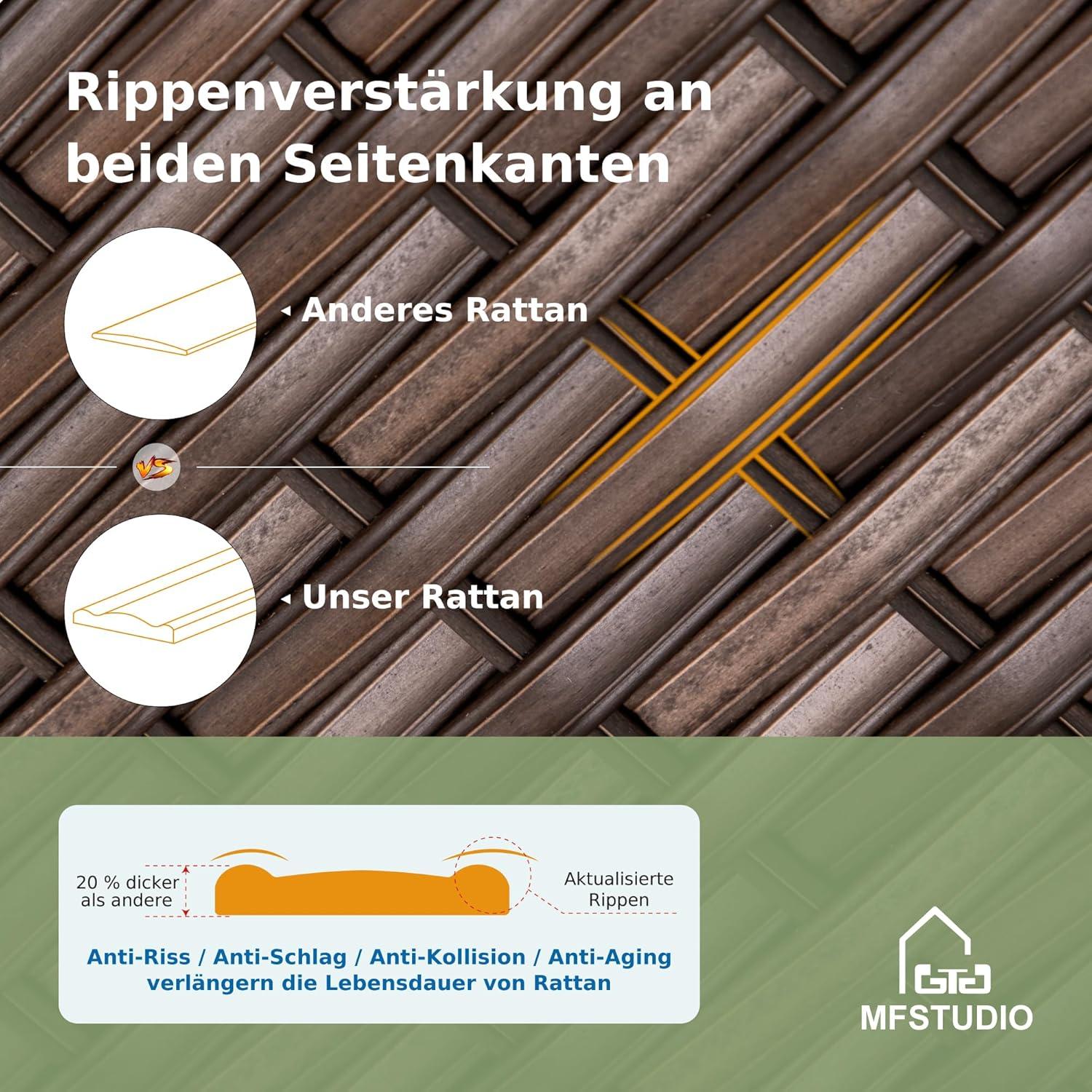 MFSTUDIO Polyrattan Lounge Set mit 20% dickeren Rippen und wasserdichten Cushions - Gartenmöbel wetterfest