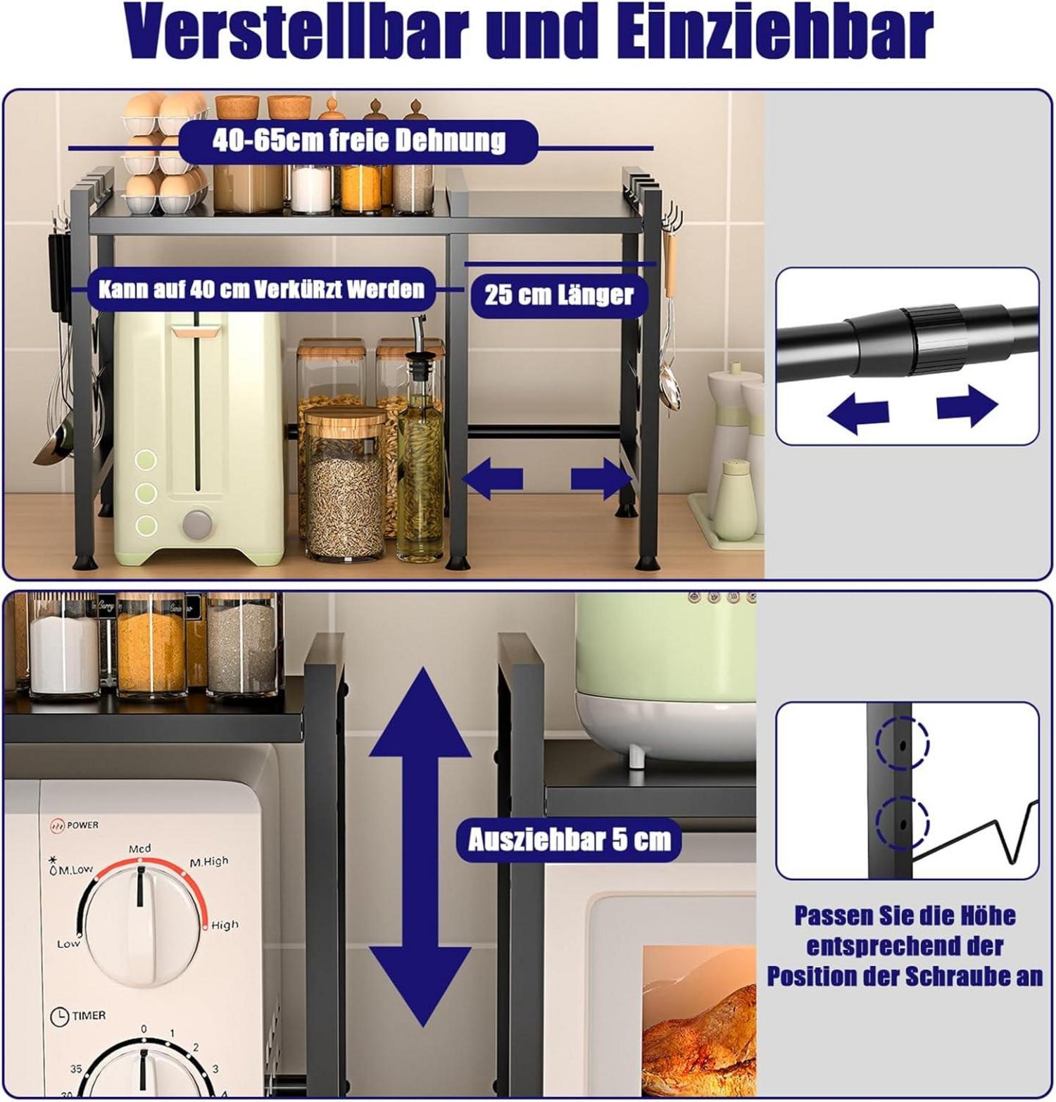 Kimfead 2-stufiges Mikrowellenregal Erweiterbar 40-65cm Schwarz