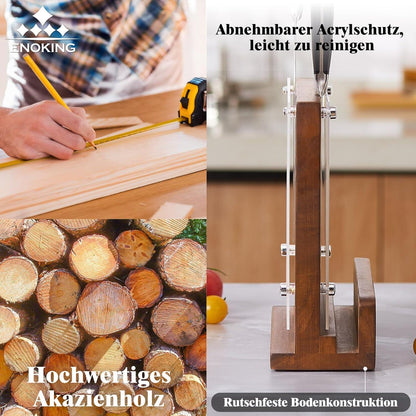 Messermagnet Akazienholz mit Acrylschutz, Doppelseitiger Magnet, Stark, 14 Messer