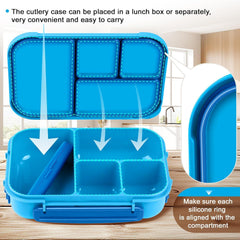 Amathley Brotdose Kinder Bento Box 1200ml Lunchbox 4 Fächer Besteck Blau