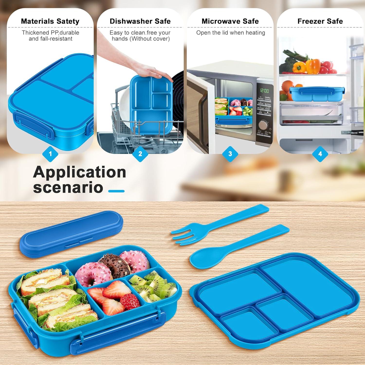 Brotdose Kinder Bento Box 1200ml Lunchbox 4 FäChern Besteck Blau