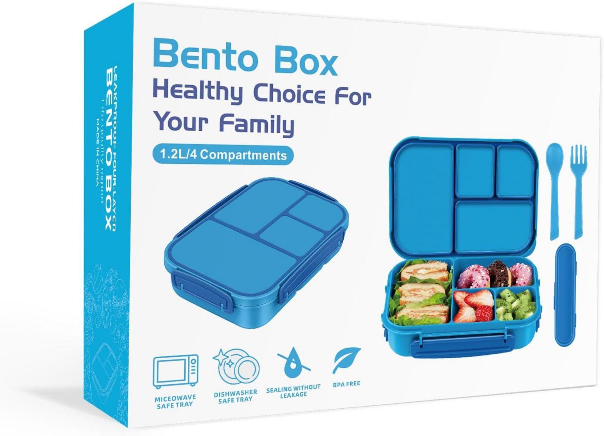 Amathley Brotdose Kinder Bento Box 1200ml Lunchbox 4 Fächer Besteck Blau