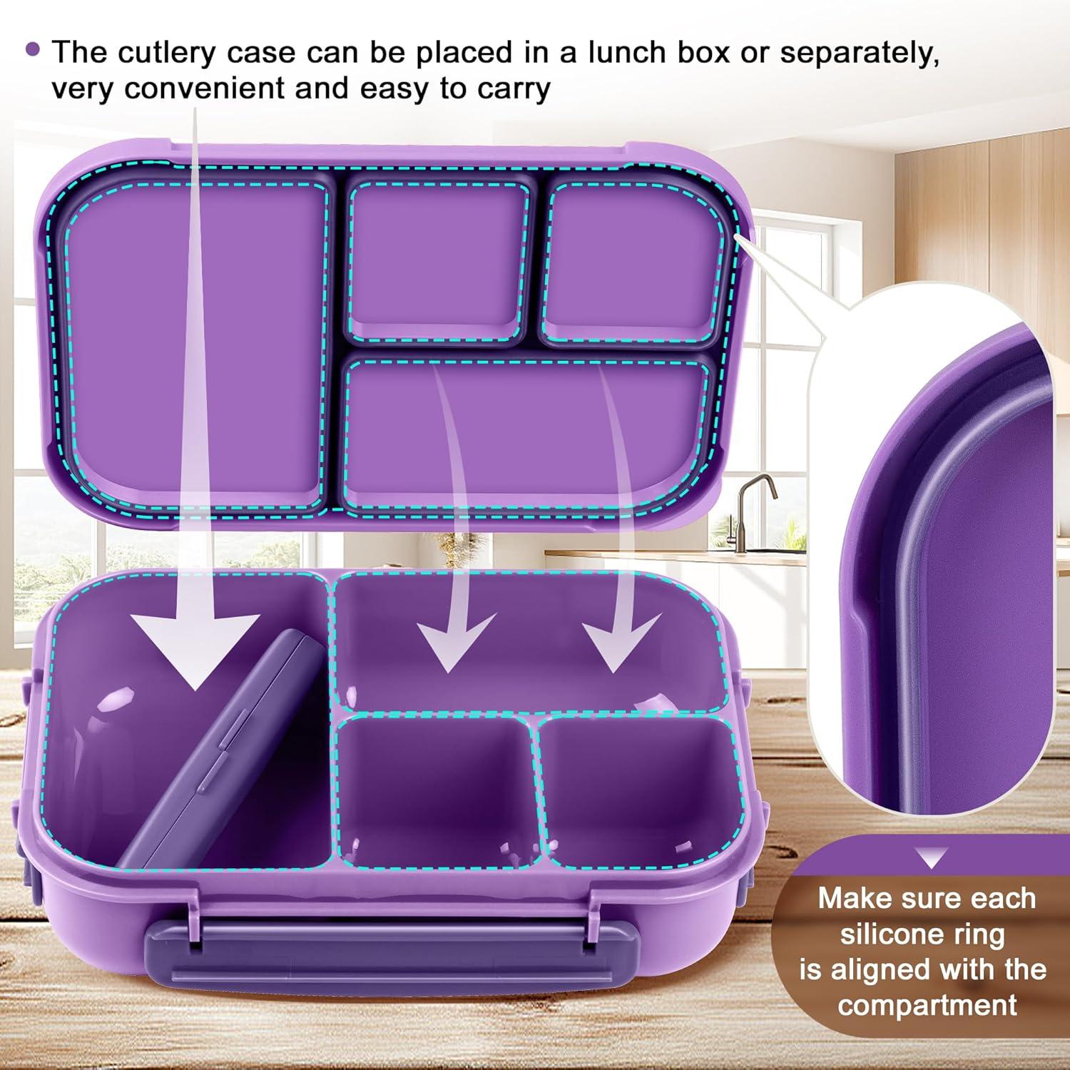 Amathley Brotdose Kinder Bento Box 1200ml Lunchbox 5-Fächer Besteck Mikrowellenfest Spülmaschinenfest BPA-frei Wiederverwendbar