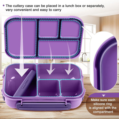 Amathley Brotdose Kinder Bento Box 1200ml Lunchbox 5-Fächer Besteck Mikrowellenfest Spülmaschinenfest BPA-frei Wiederverwendbar