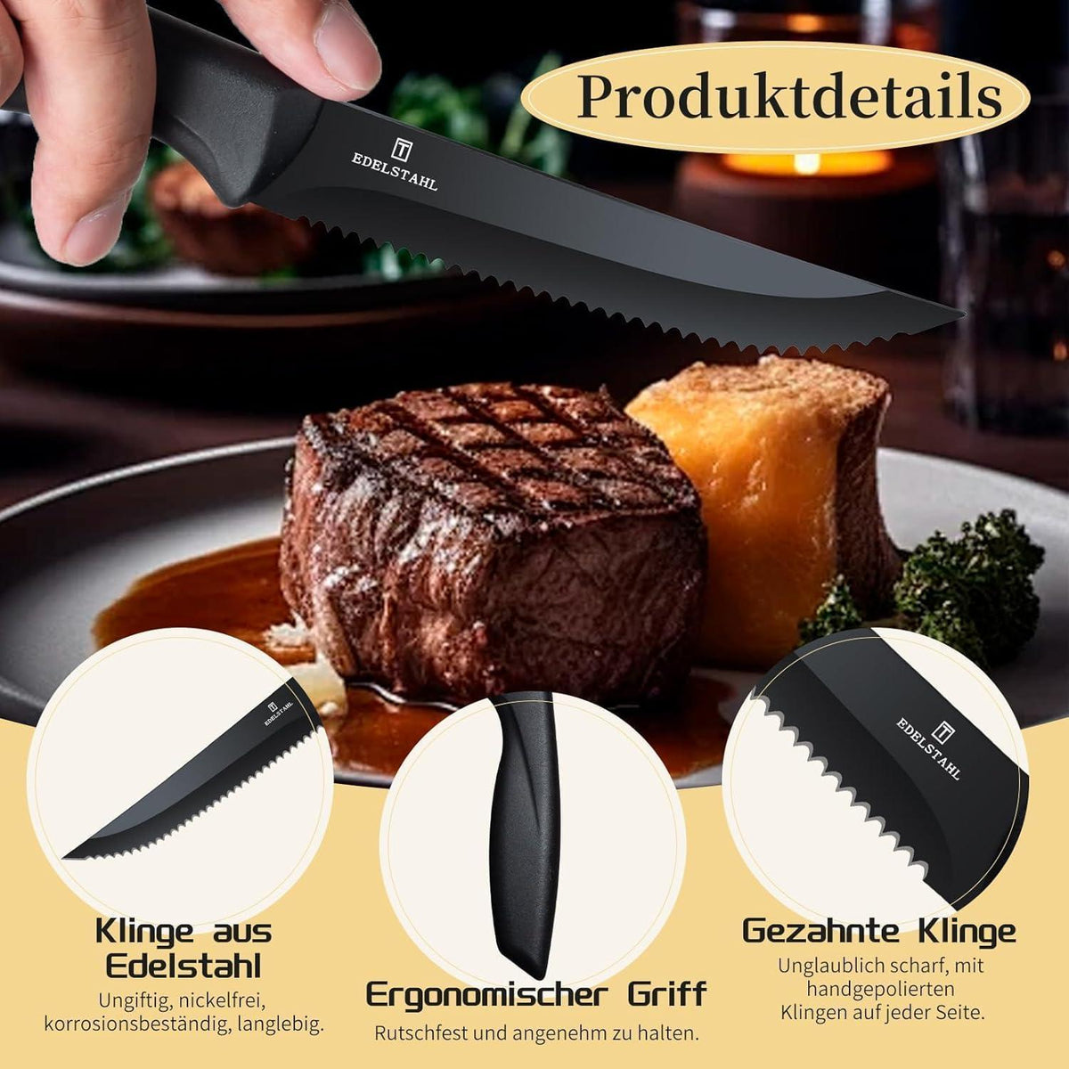 6-teiliges Steakmesserset mit Wellenschliff – Scharfes Profi Besteck