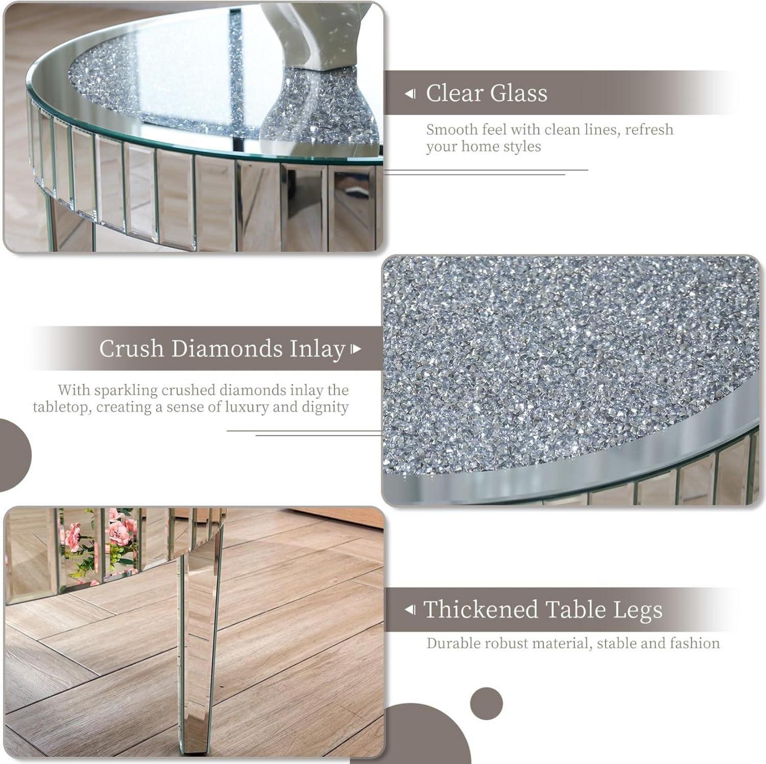 Runder Couchtisch Glas Kristall Verspiegelt Silber 80cm