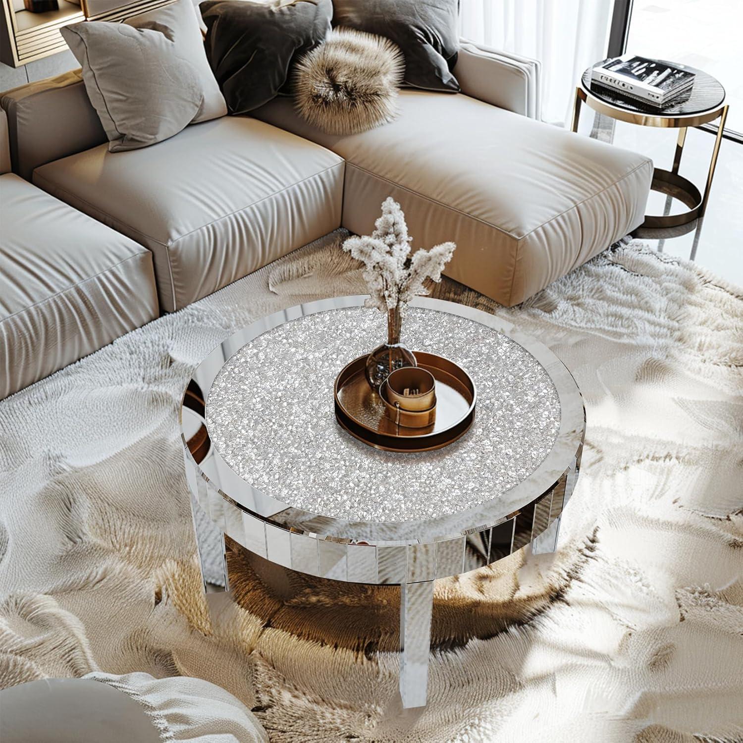 Couchtisch Rund Glas Kristall Verspiegelt 80cm Modern Silber
