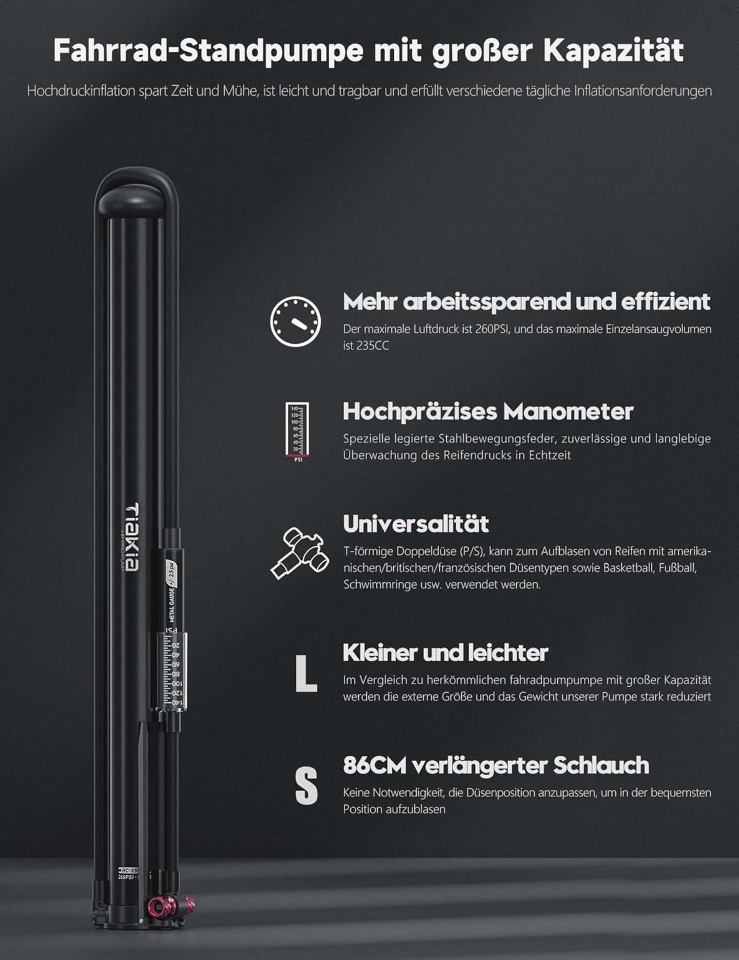 Tiakia Fahrrad Standpumpe mit Manometer Schwarz/Rot 260PSI/18Bar