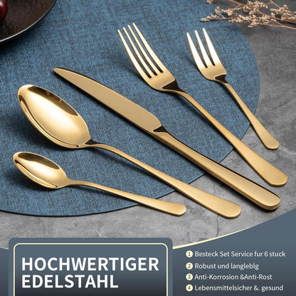 30-teiliges Edelstahl Besteckset für 6 Personen – Spiegelpoliert, Gold