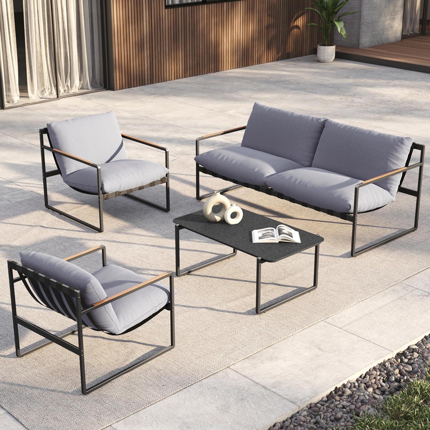 Gartenmöbel Set 4 Sitzer mit Kissen, Rope Lounge Set & Tisch