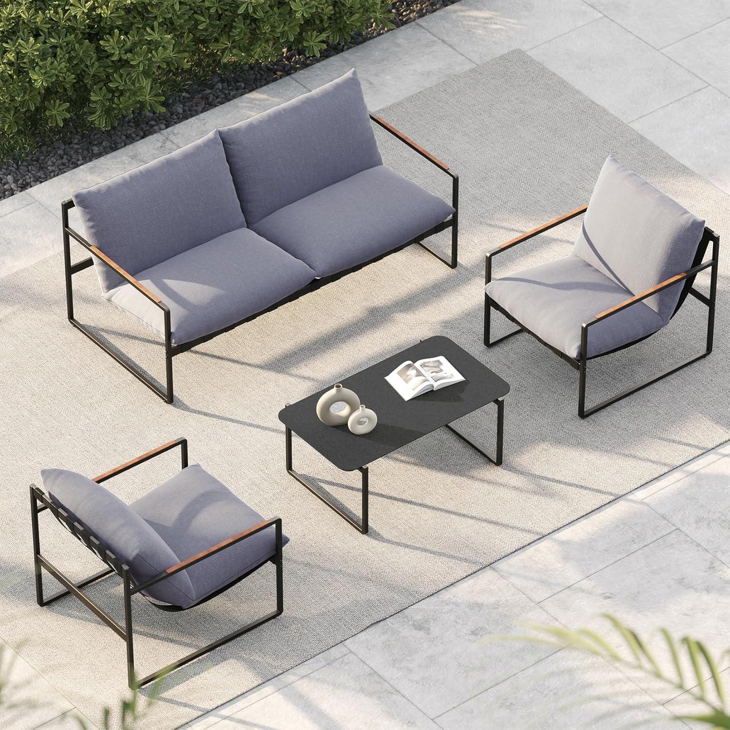 Gartenmöbel Set 4 Sitzer mit Kissen, 2 Sitzer Sofa, 2 Sessel, Tisch