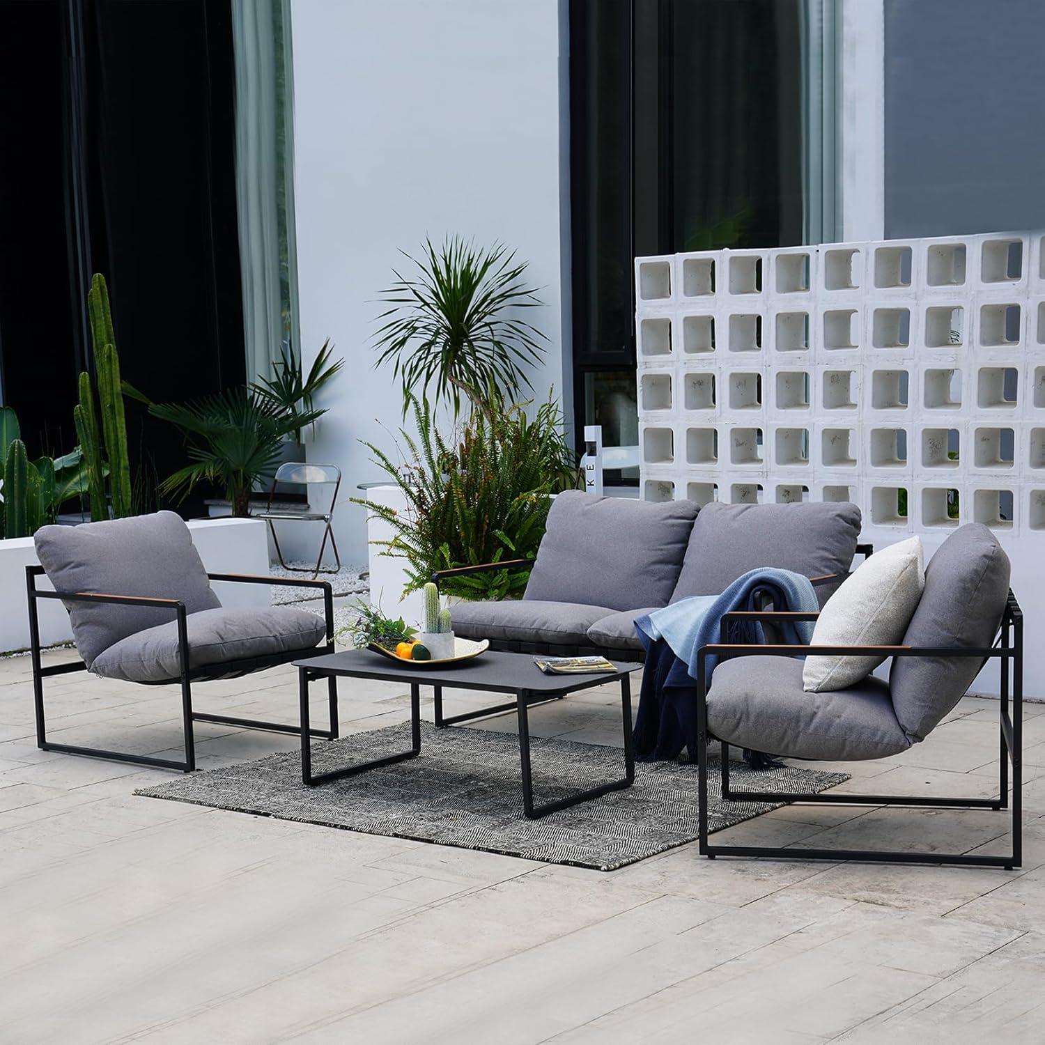 Grand Patio Gartenmöbel Set 4 Sitzer mit Kissen, Lounge Set 2 Sitzer Sofa, 2 Sessel, 1 Tisch, Metall Sitzgruppe