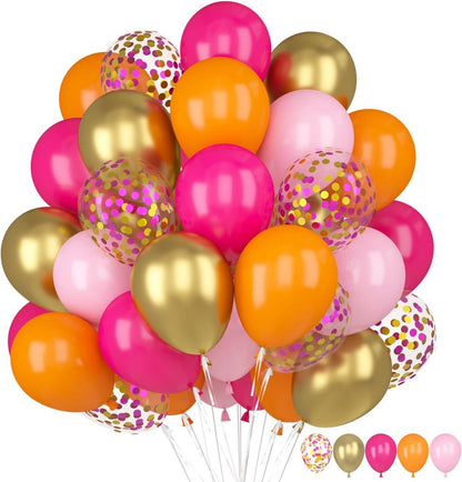 60x Luftballons Hot Pink Orange Fuchsia Gold Konfetti - Party Deko
