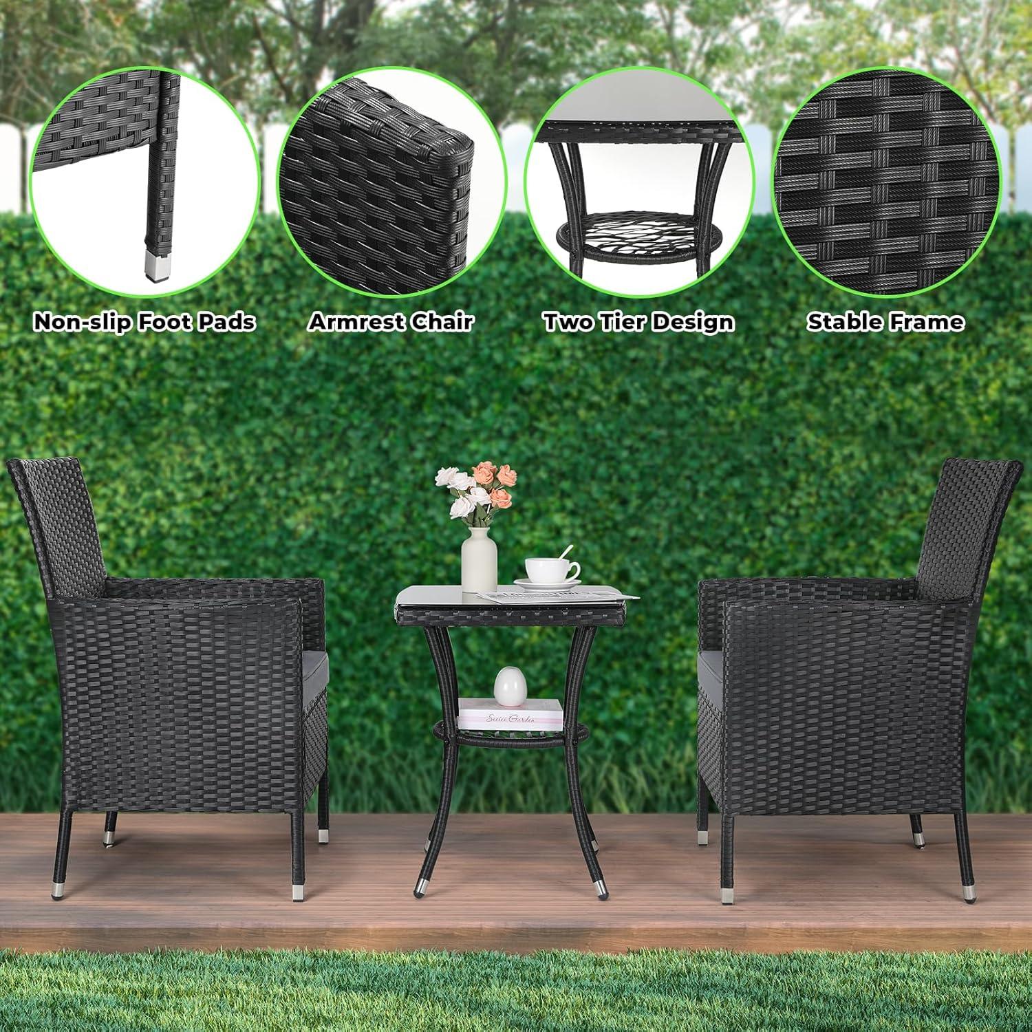 3tlg Rattan Gartenmöbel Set Balkon Lounge Polyrattan Sitzgruppe Kissen Glastisch