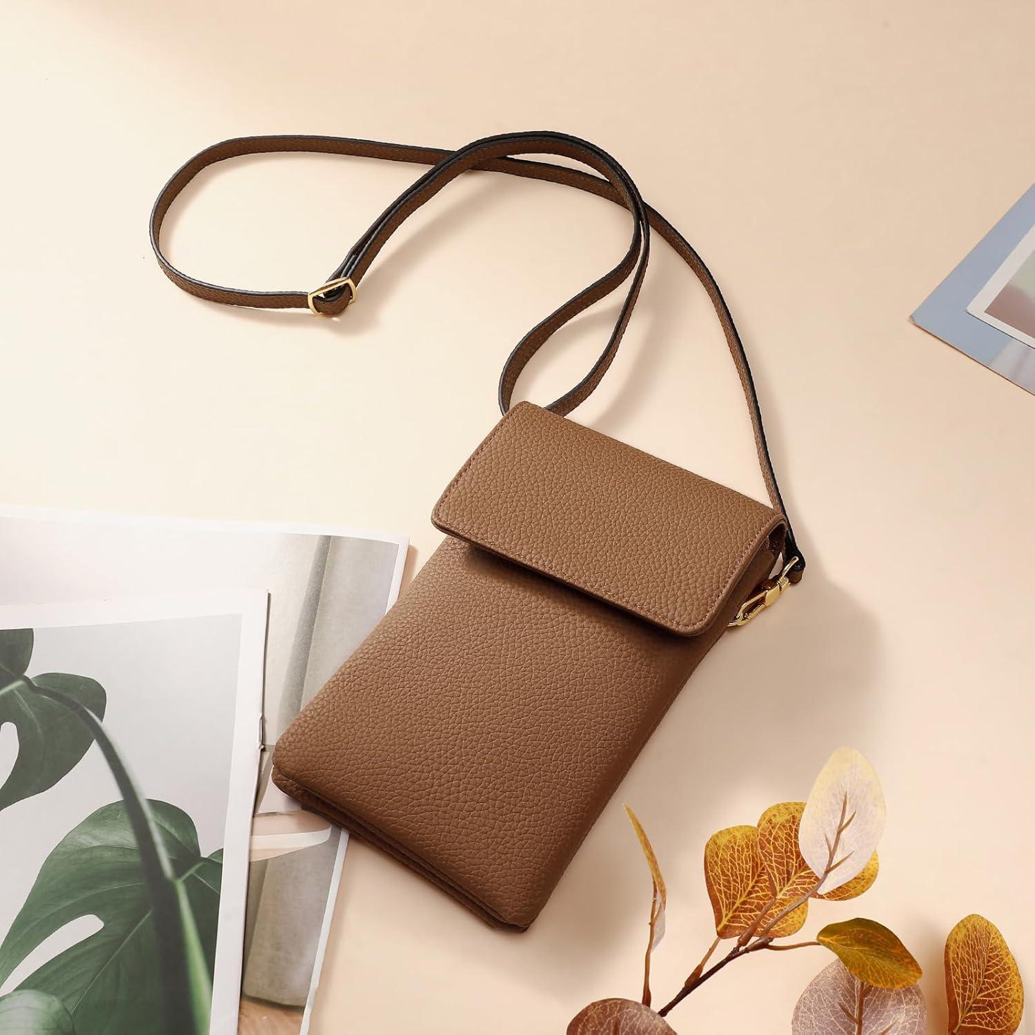 Umhängetasche Damen RFID Crossbody Handy Kartenfächer Braun