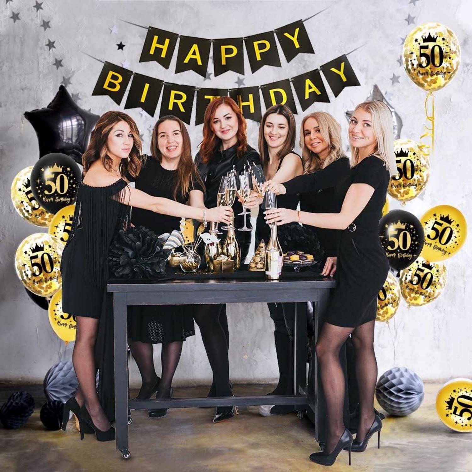 30 Luftballons Schwarz Gold 50. Geburtstag Deko mit Konfetti und Zahlenballon