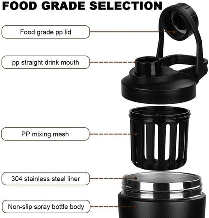 Protein Shaker 750ml Schwarz Grau Vakuum Isoliert BPA Frei auslaufsicher
