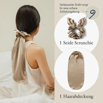 Seiden Mütze Scrunchies 2-in-1 Haargummis langem Haar, einstellbar
