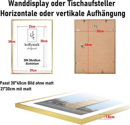 Goldener Aluminium Bilderrahmen 30x40cm Acrylglas Passepartout