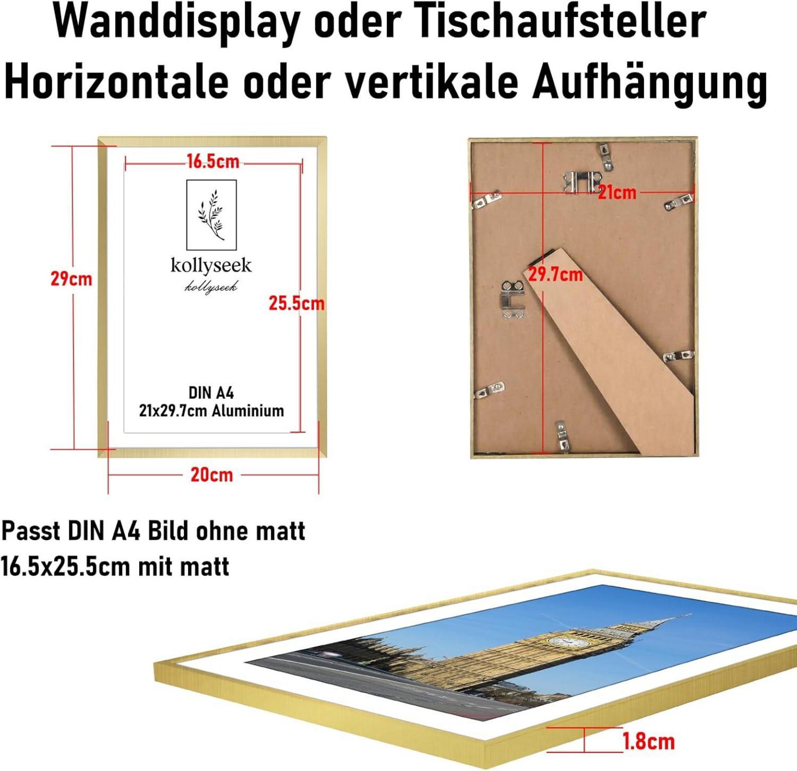 Bilderrahmen Aluminium DIN A4 Gold Metall mit Acrylglas