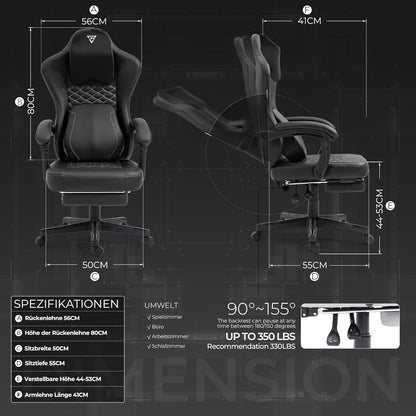 Gaming Stuhl mit Massage, Lendenwirbelstütze, Taschenfederkissen