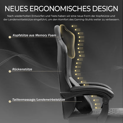 Ergonomischer Gaming Stuhl mit beheizter Massage, Lendenwirbelstütze & Fußstütze
