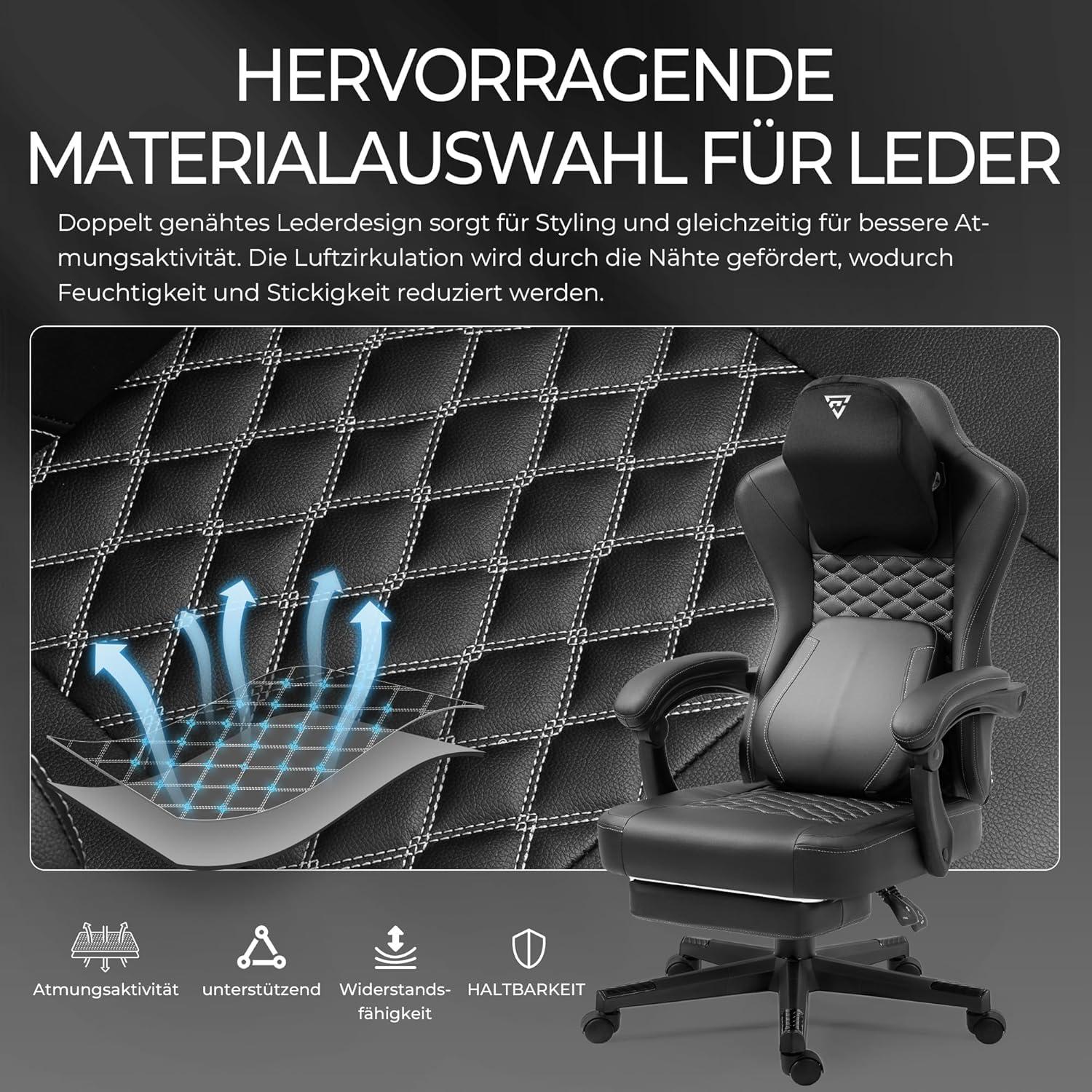 Ergonomischer Gaming Stuhl mit beheizter Massage, Lendenwirbelstütze & Fußstütze
