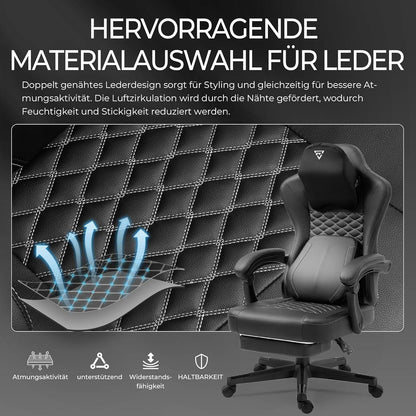 Ergonomischer Gaming Stuhl mit beheizter Massage, Lendenwirbelstütze & Fußstütze