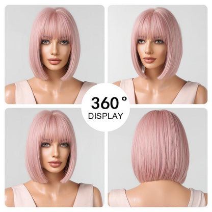 OUFEI Hellrosa Bob Perücke mit Pony für Frauen