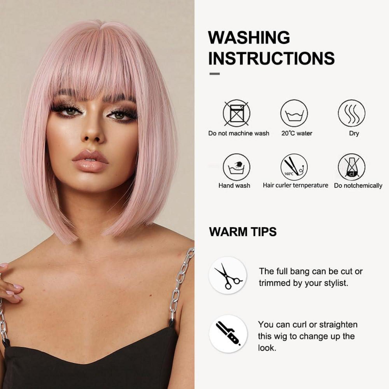 Hellrosa Bob Perücke mit Pony für Frauen - Kurze gerade Synthetische Haar