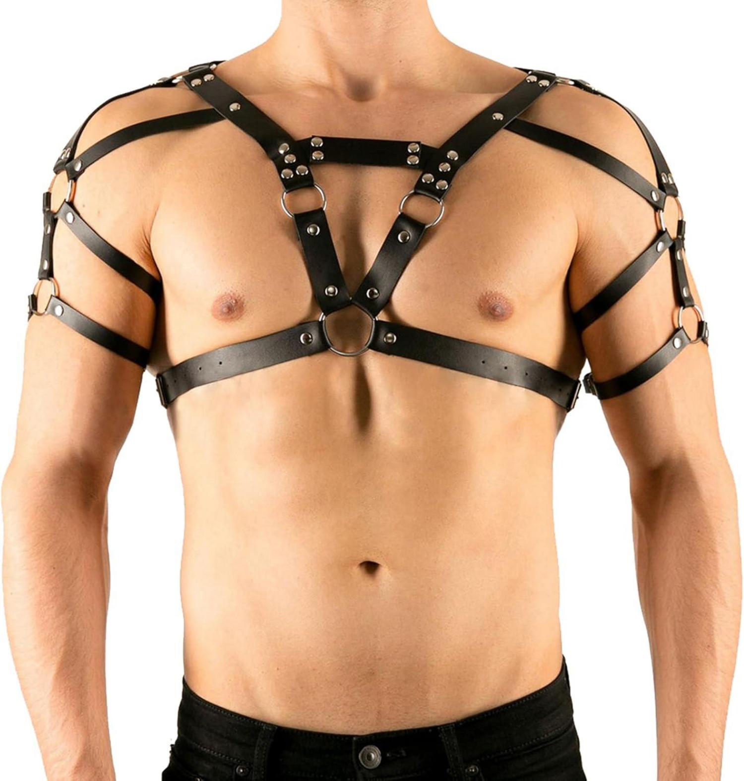 Herren Schwarzes Leder Body Bodysuit Harness Brustgeschirr Gothic BDSM