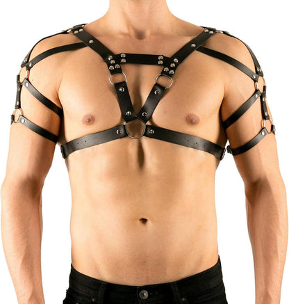 Herren Schwarzes Leder Body Bodysuit Harness Brustgeschirr Gothic BDSM
