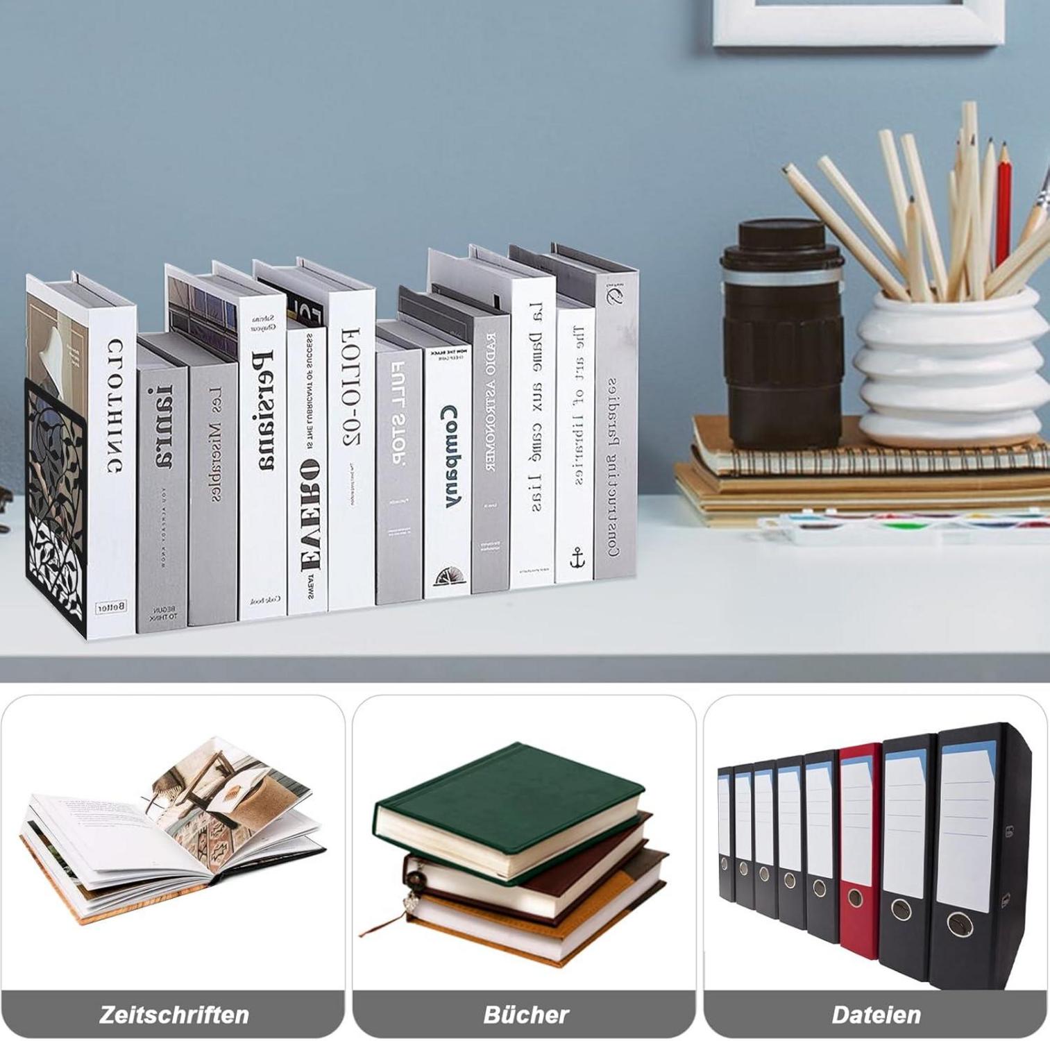 Buchstütze Metall schwarz, 1 Paar, Bücherhalter Regal für Zuhause Büro Schule