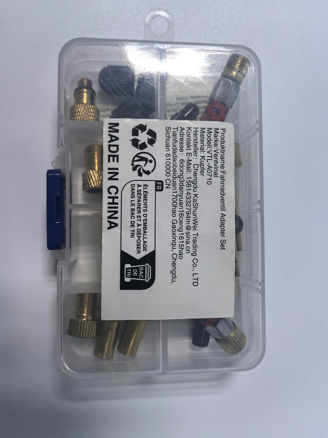 Fahrradventil Adapter Set mit Formatbox und Zubehör, hochwertiges Messingmaterial