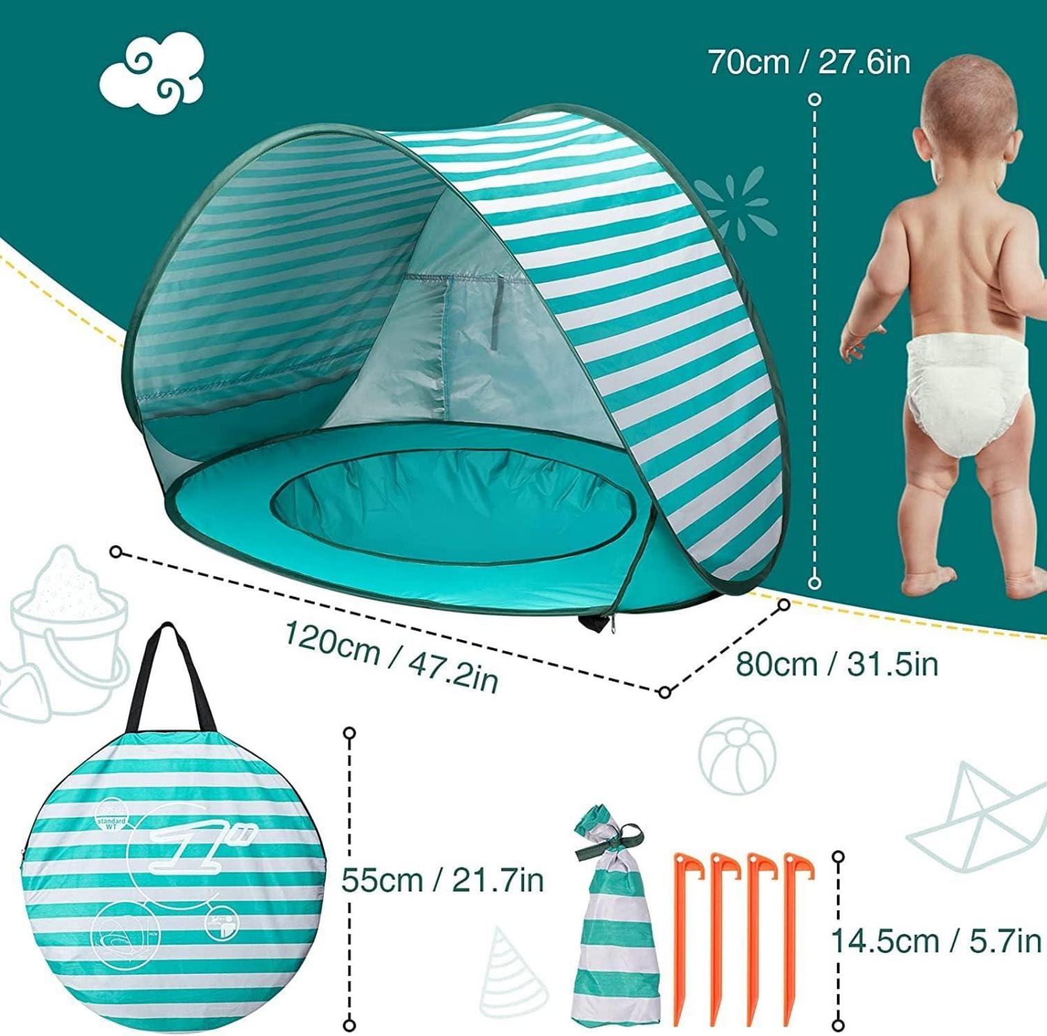 Baby Strandmuschel mit Mini Pool und UV-Schutz für Kleinkinder - Tragbares Pop-Up Strandzelt