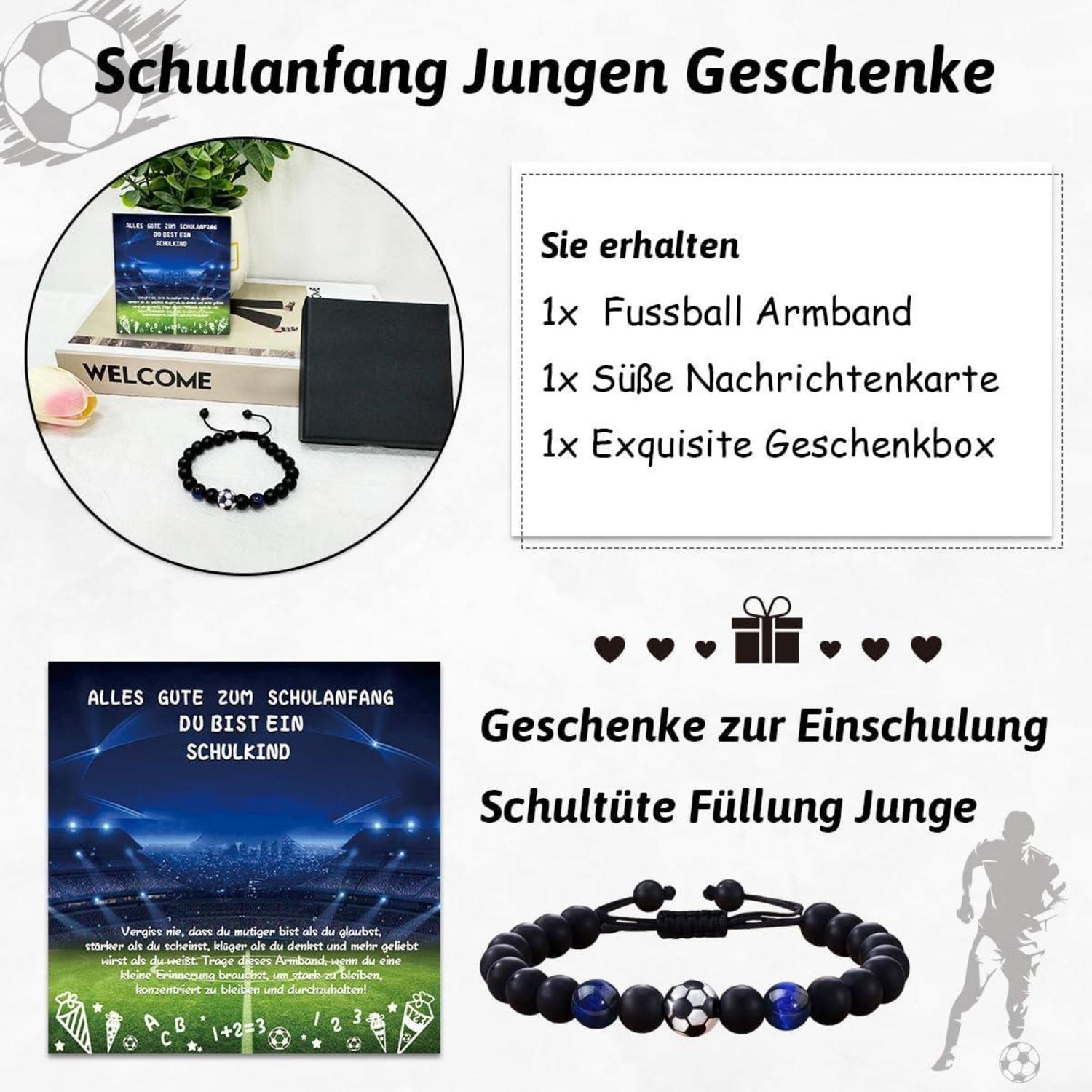 Fußball Armband Einschulungsgeschenk Jungen Obsidian verstellbar - inkl. Karte & Geschenkbox