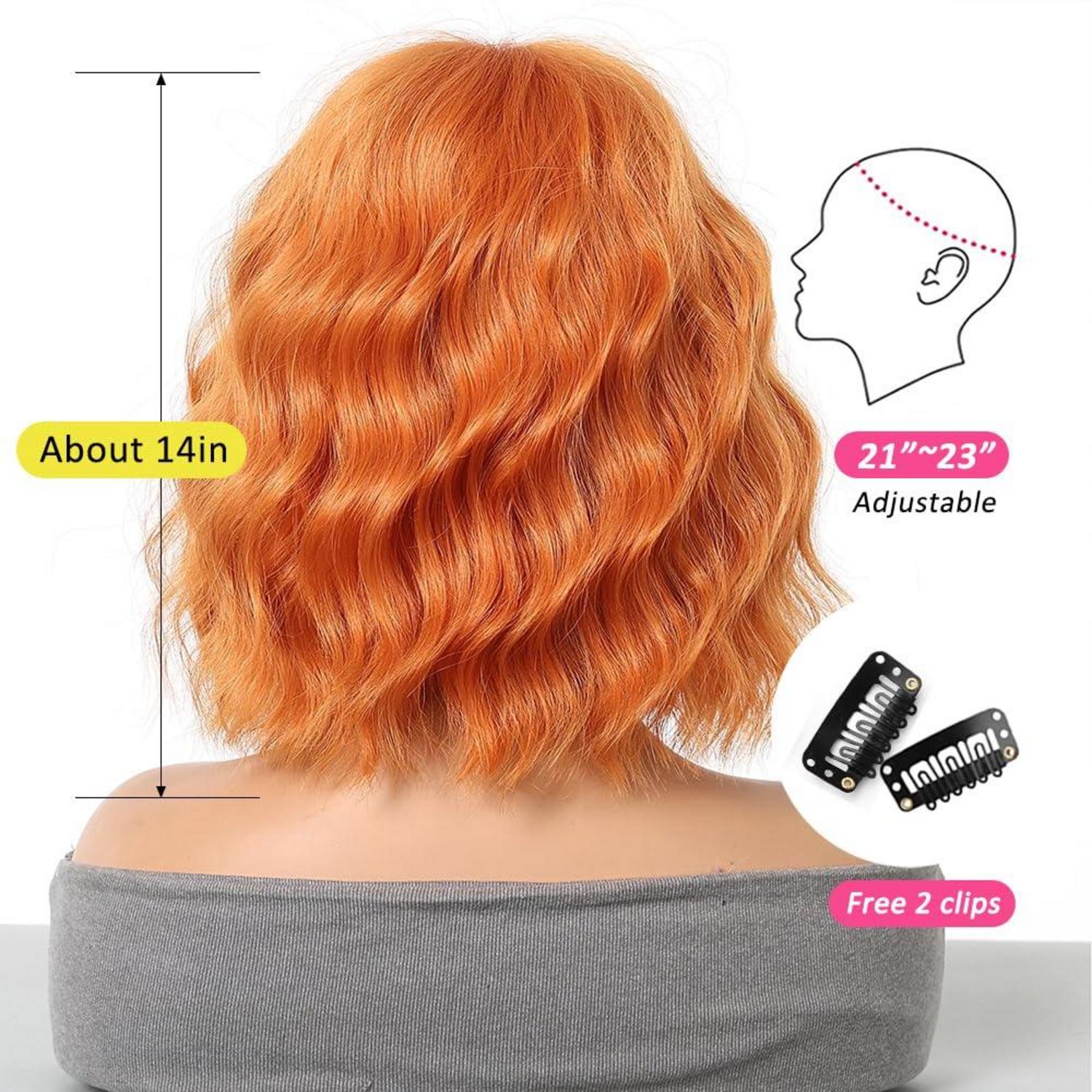 Orange Perücke Kurz Gewellt mit Pony Synthetisches Haar für Frauen
