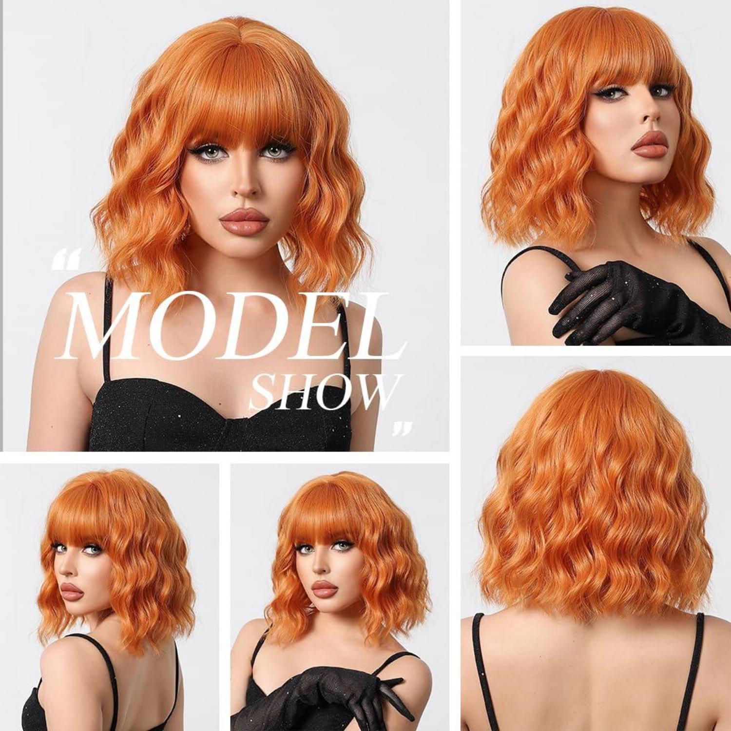 Orange Kurzgewellte Perücke mit Pony Natürliches Haar Hitzebeständig