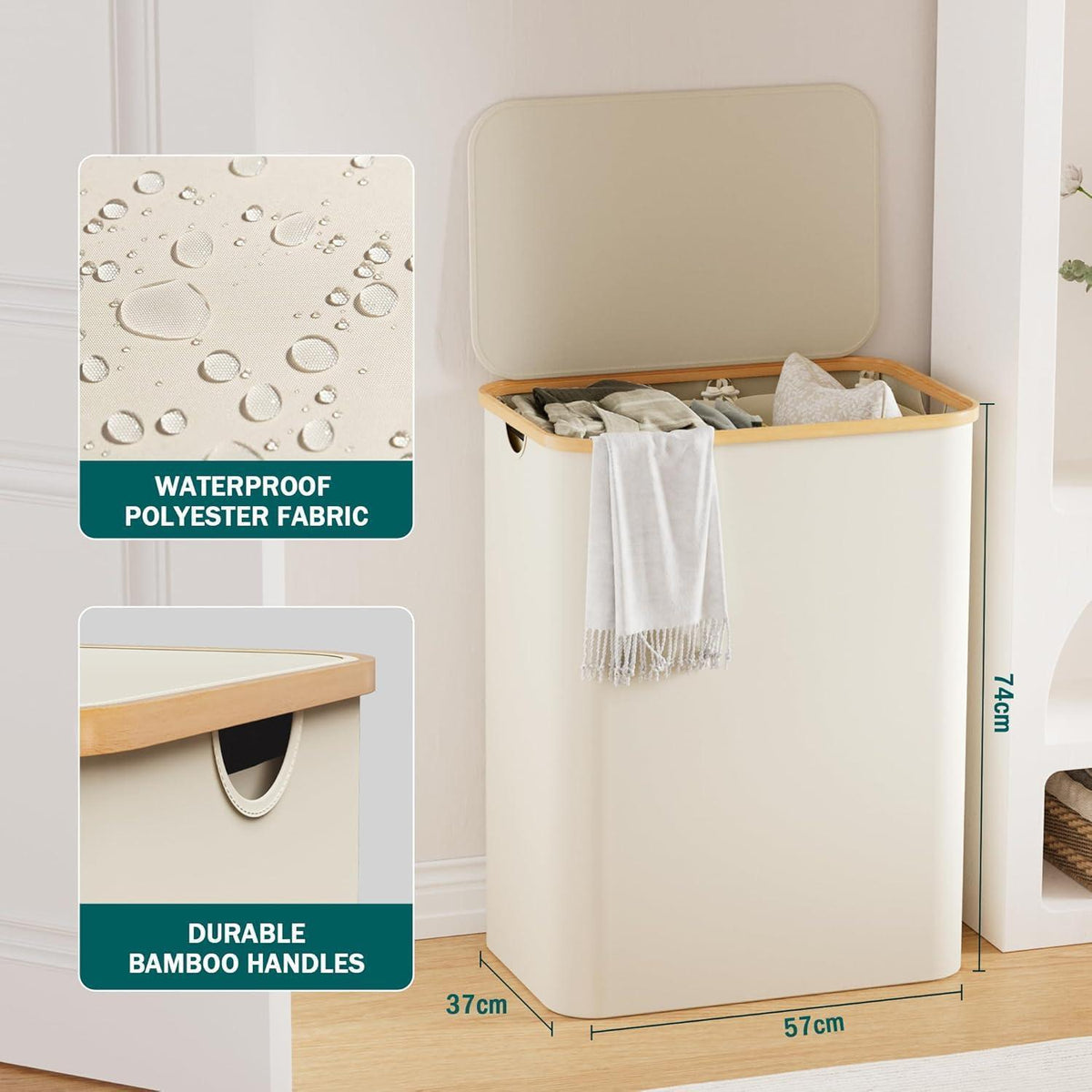 YOUDENOVA Wäschekorb 3 Fächer 160L mit Deckel & 3 Säcken, Beige