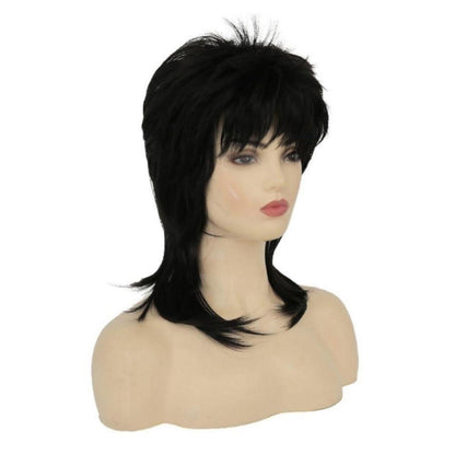 Schwarze Vokuhila Perücke 80er Jahre Mullet mit Pony