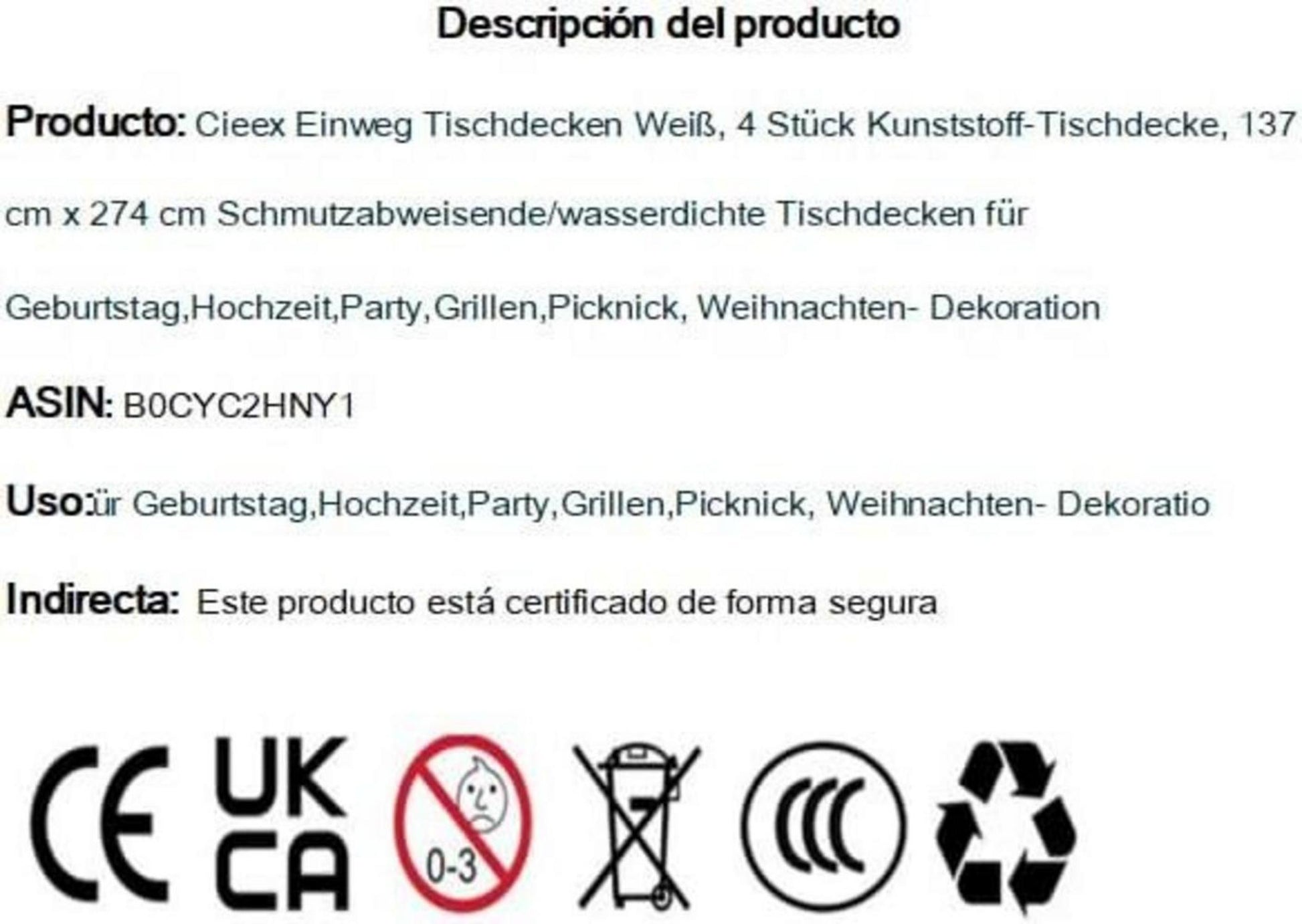 4 Stück Einweg Tischdecken Weiß, wasserdicht, rechteckig, Party Hochzeit Weihnachten