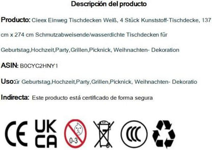 4 Stück Einweg Tischdecken Weiß, wasserdicht, rechteckig, Party Hochzeit Weihnachten