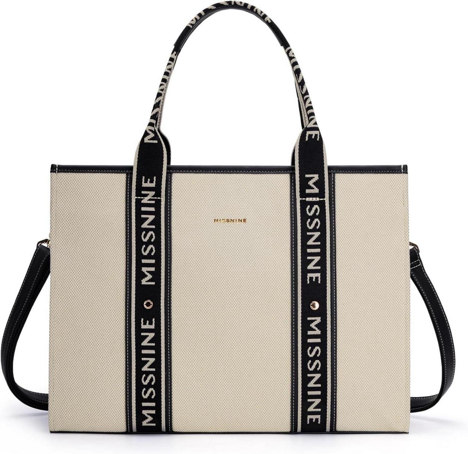 Geräumige Canvas-Laptoptasche für Damen 15,6 Zoll Schwarz Beige