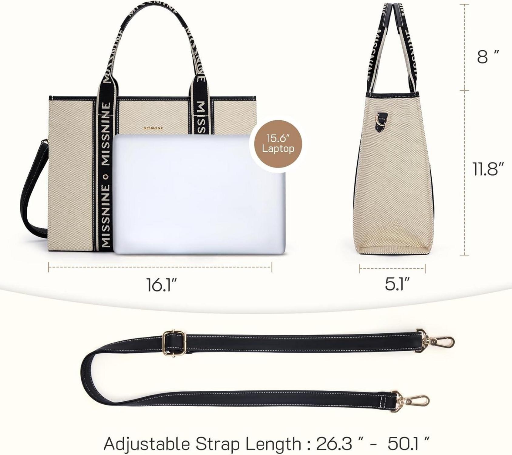 Canvas-Laptoptasche 15,6 Zoll Damen Handtasche Büro Reisen Schwarz Beige