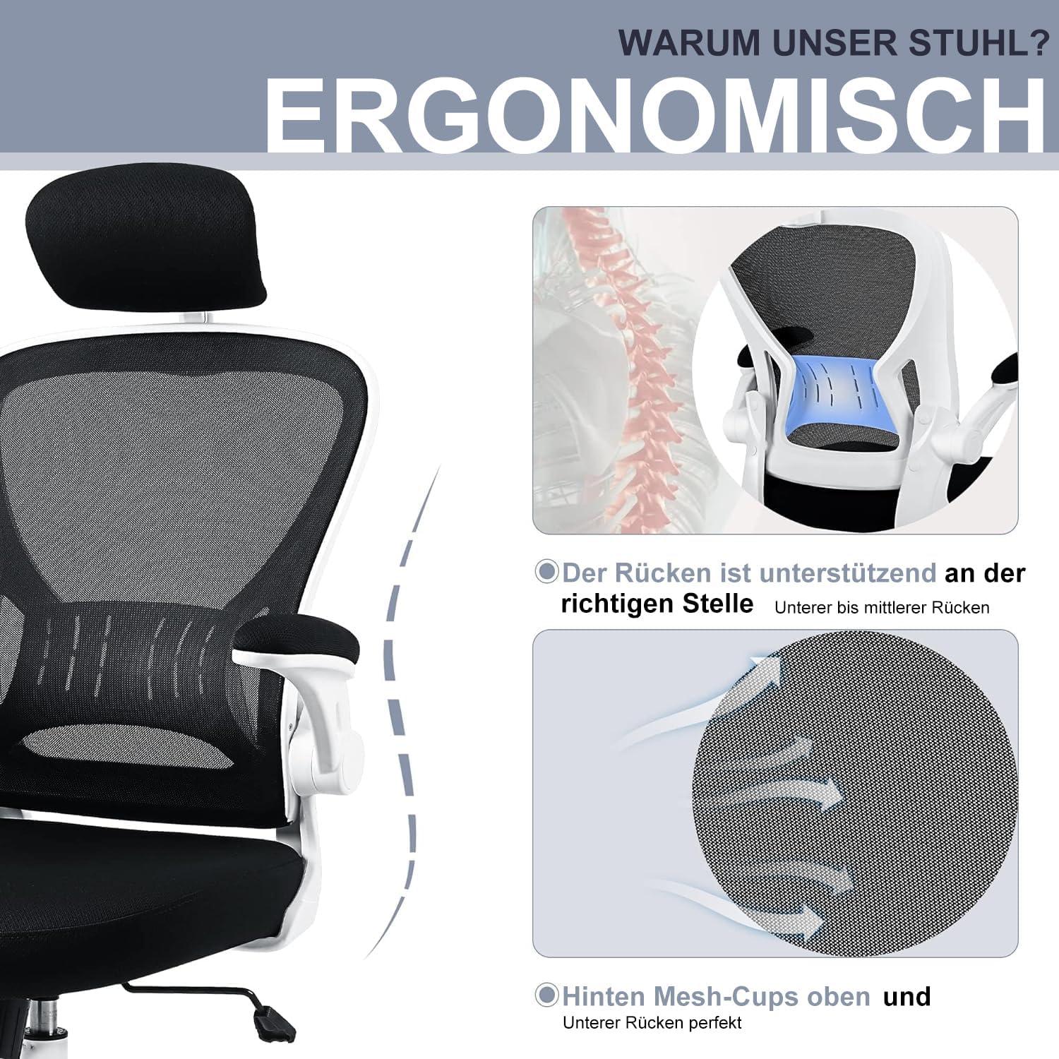 Ergonomischer Bürostuhl Schwarz/Weiß, Höhenverstellbar, mit Rollen, Lordosenstütze, Netz, drehbar