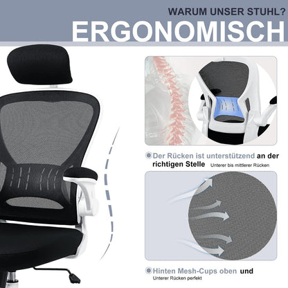 Ergonomischer Bürostuhl Schwarz/Weiß, Höhenverstellbar, mit Rollen, Lordosenstütze, Netz, drehbar
