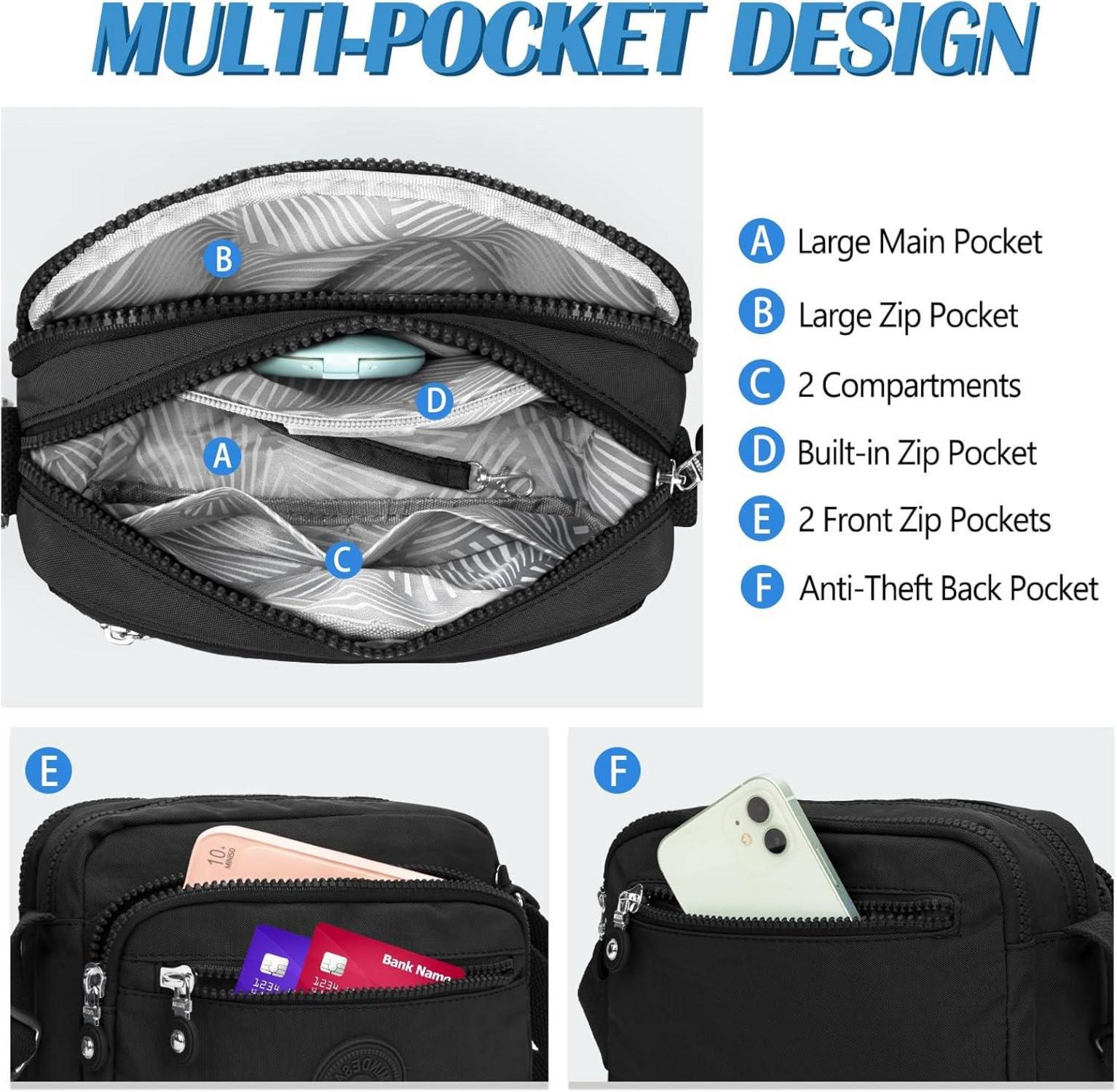 TEUEN Kleine Schultertasche Damen Schwarz Nylon Umhängetasche