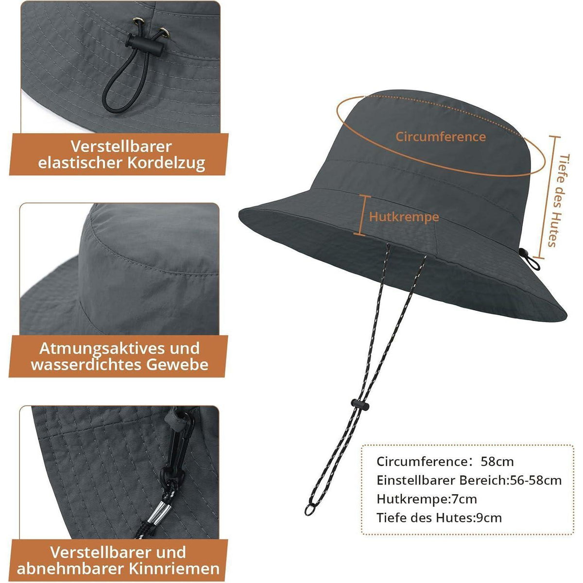 Wasserdichter Fischerhut Damen Herren – Grau, Faltbar & UV-Schutz