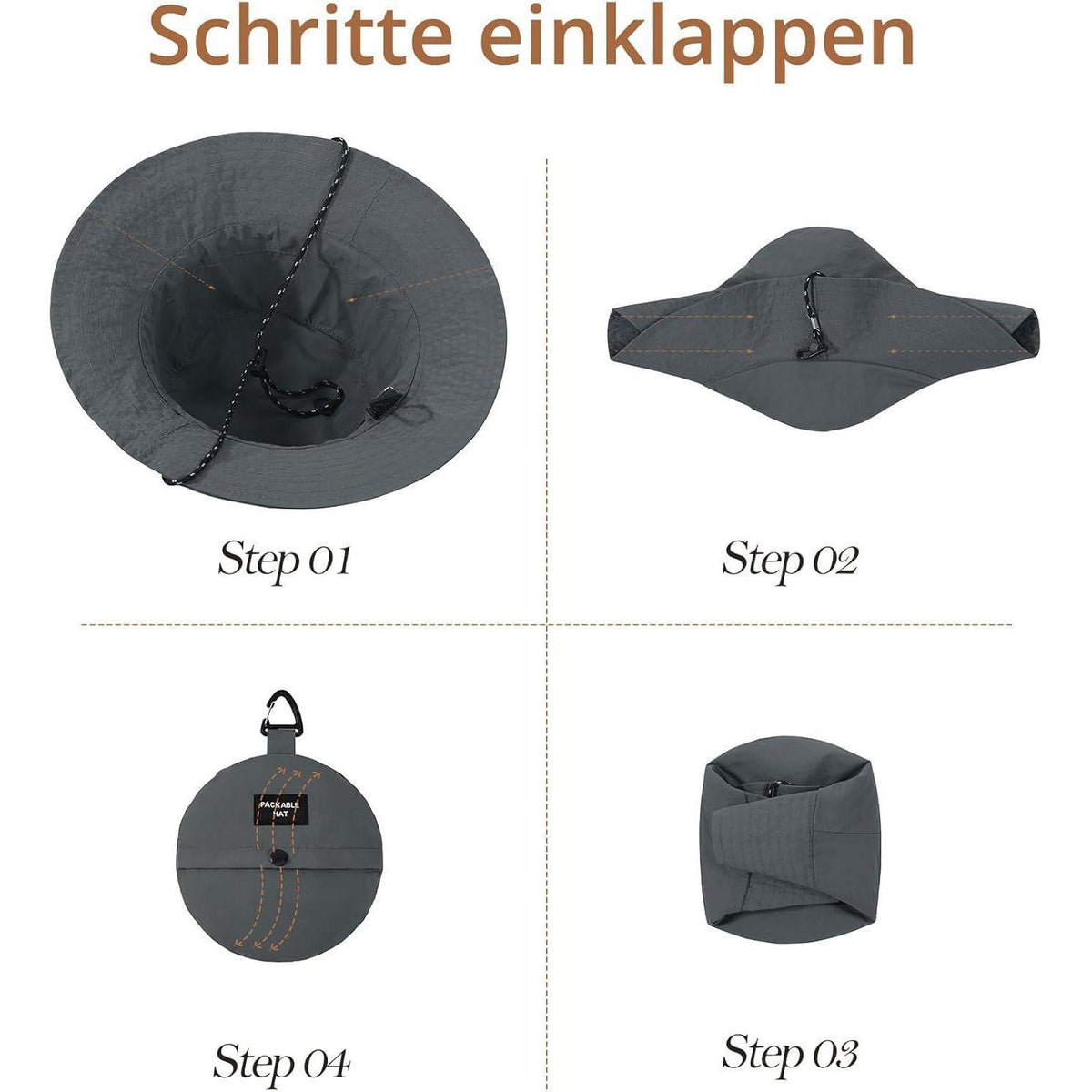 Wasserdichter Fischerhut Damen Herren – Grau, Faltbar & UV-Schutz